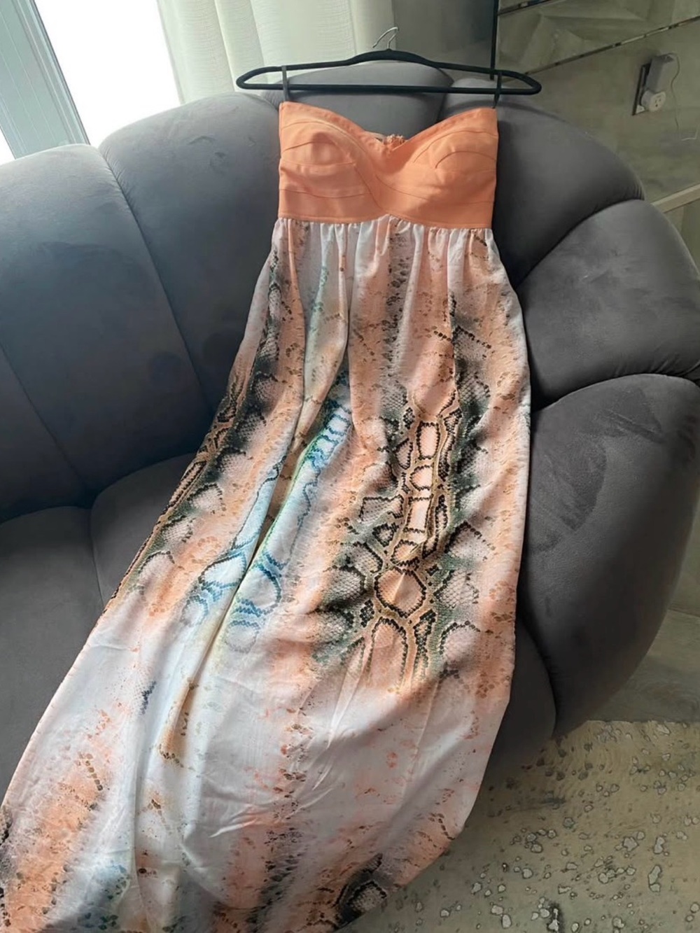 WOW couture Peach Strapless Maxi Dress with Snake-Print Skirt